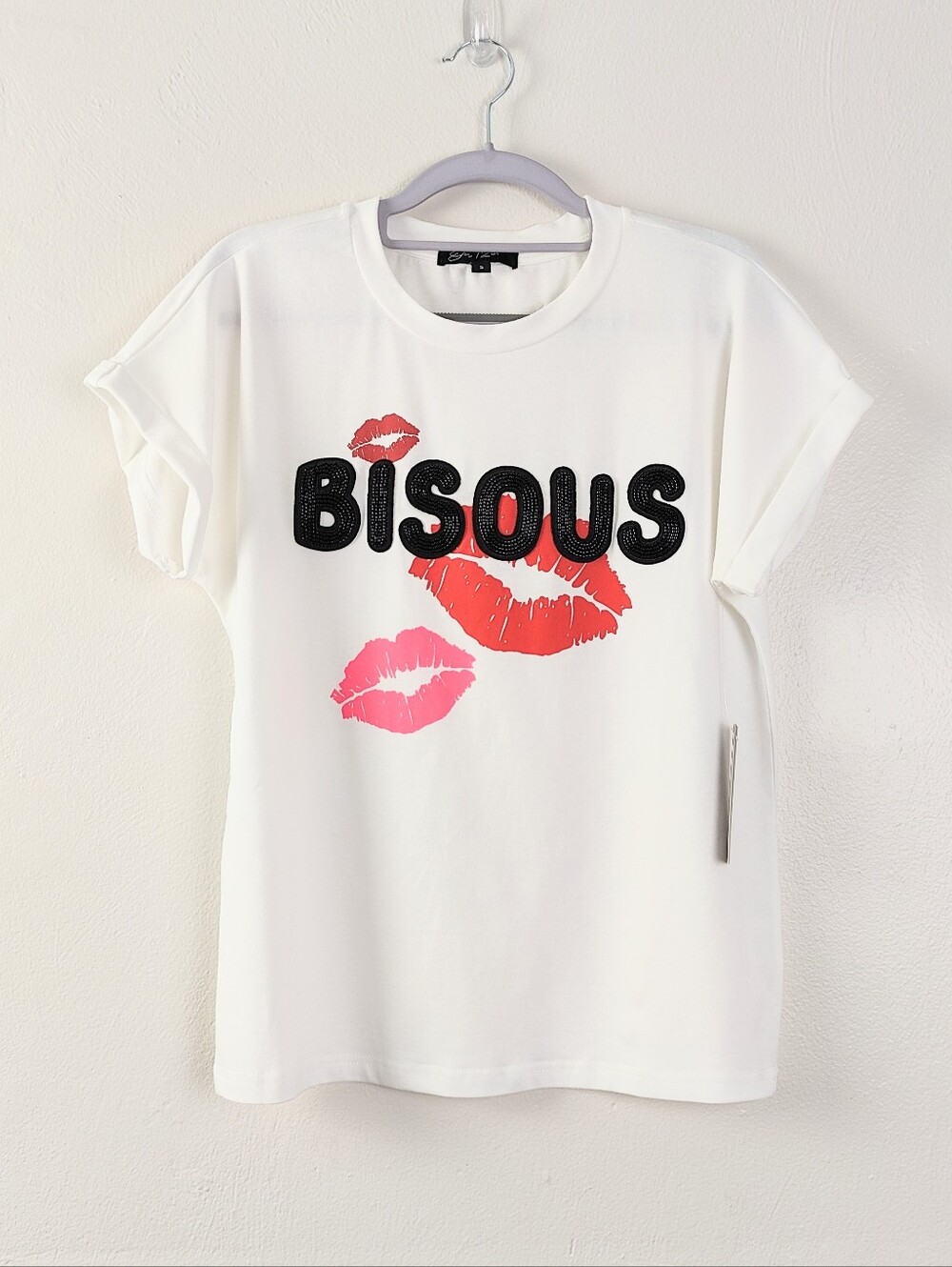 NEW! On 12th Embellished Short Sleeve Shirt Small Beaded Bisous Kisses French